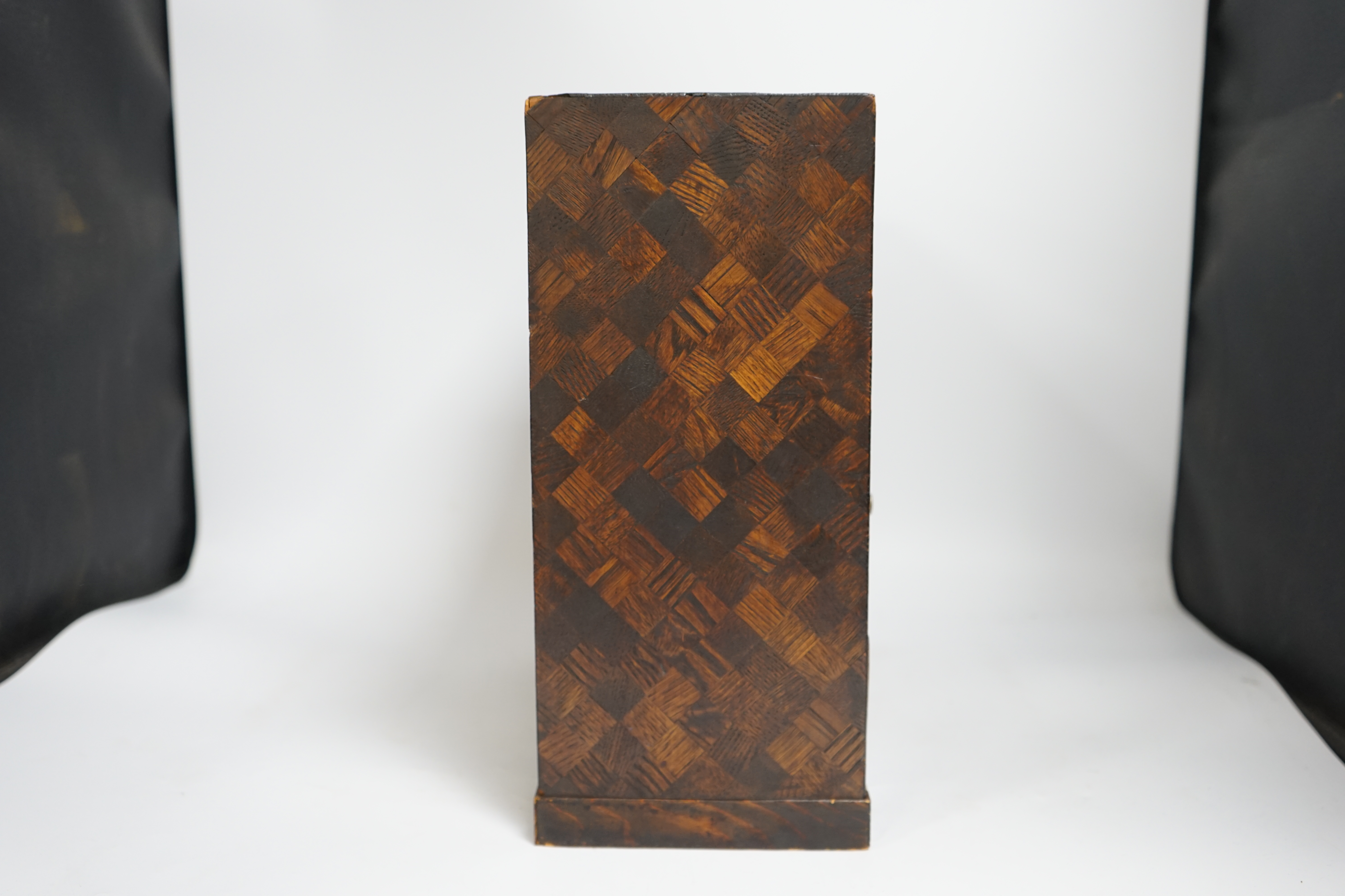 A late 19th century Japanese Hakone ware marquetry inlaid miniature cabinet, 34cm tall